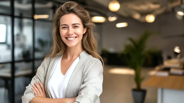 A woman smiles in an office, the confident scene illuminated by soft light. Woman, office, with copy space