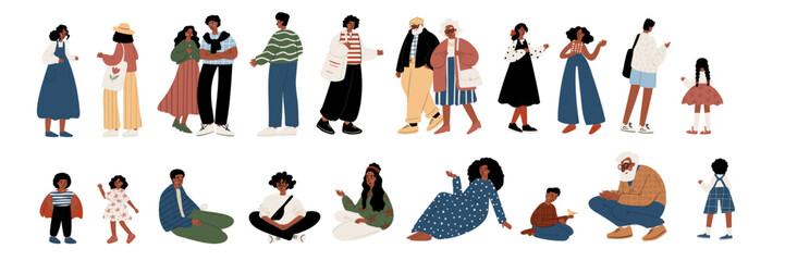 Flat vector illustration set of people: African American kids, teens, adults, seniors. Each character and figure is standing, sitting, walking, talking, relaxing, smiling. Everyday lifestyle portrait.