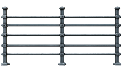 A metallic, horizontal-barred fence, illustrated with a simple, dark design against a black background
