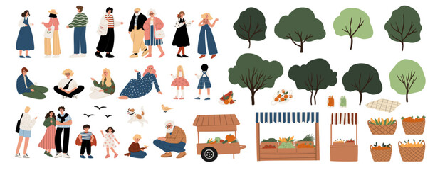 Illustration set of elements for building farmers market and park scenes: diverse characters, kids and adults, men and women, trees, wooden crates and baskets with fruits and vegetables. Flat vector.