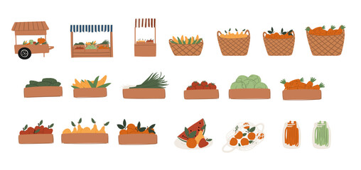 Illustration of farmers market elements: wooden crates, baskets, boxes, containers, and farm carts with striped canopy stalls, filled with fruits and vegetables. Flat vector set perfect for fair scene