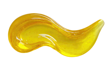 Isolated, wavy blob of translucent, yellow, viscous substance with red specks, against black