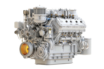 A detailed, isolated image of a complex, white, industrial diesel engine