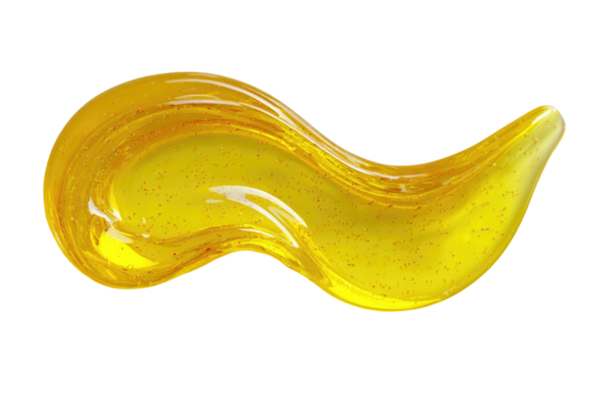 Isolated, wavy blob of translucent, yellow, viscous substance with red specks, against black