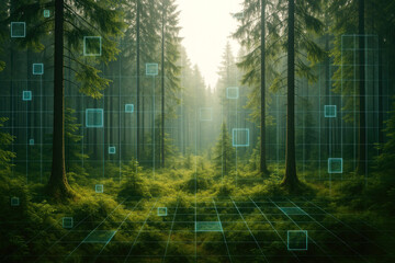 Futuristic Forest Landscape with Digital Grid Overlay and Data Squares