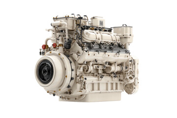Cream-colored, highly detailed industrial diesel engine with many pipes, valves, and mechanical components