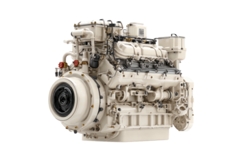 Cream-colored, highly detailed industrial diesel engine with many pipes, valves, and mechanical components