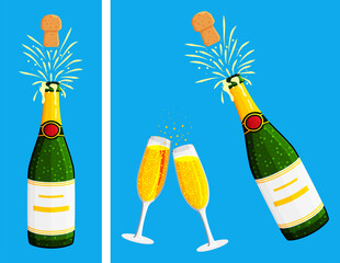 Champagne bottle with cork popping out and sparkling drink splash. Two champagne flute glasses clinking. Celebration concept.