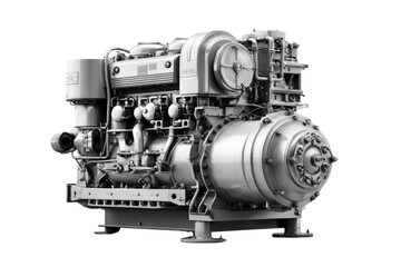 Monochromatic image of a complex industrial engine, showcasing intricate mechanical parts and design