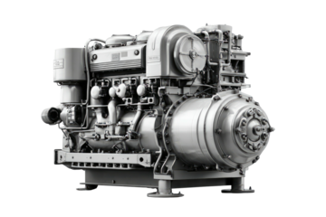 Monochromatic image of a complex industrial engine, showcasing intricate mechanical parts and design