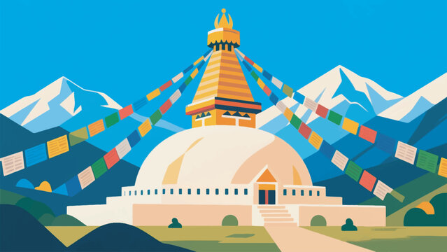 Illustration Of Boudhanath Stupa With Colorful Prayer Flags Against The Backdrop Of The Himalayan Mountains Vector Design Template