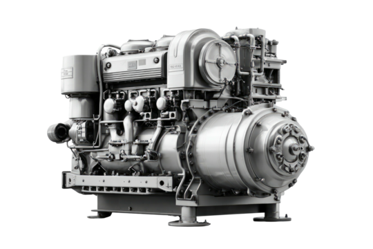 Monochromatic image of a complex industrial engine, showcasing intricate mechanical parts and design