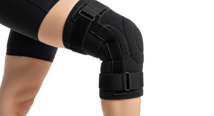 Black knee brace on a person s leg isolated on transparent background