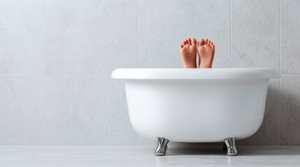 A white bathtub with chrome feet sits against a tiled wall revealing only the feet of a person inside