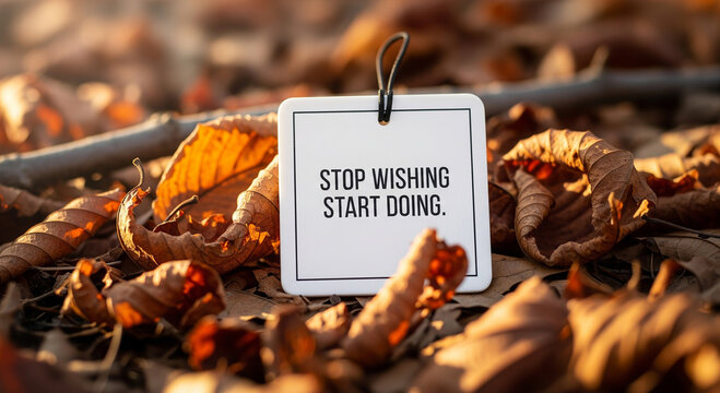 Inspirational message stop wishing start doing on a card surrounded by fallen leaves, symbolizing motivation and taking action
