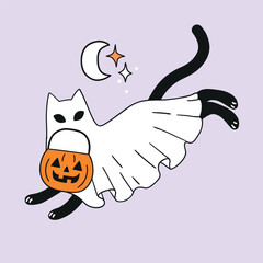 Cute vector ghost cat with Halloween candy bucket. Hand drawn creepy Halloween clipart on isolated background. Perfect for sticker, tee shirt logo, greeting card, poster or nursery print design. 