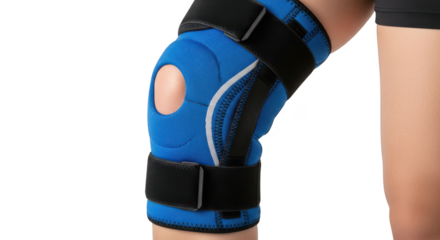 Blue knee brace support for injury recovery isolated on transparent background