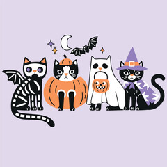 Scary vector Halloween ghost cats with candy bag and stars. Hand drawn Halloween clipart on isolated background. Perfect for sticker, tee shirt logo, greeting card, poster or nursery print design. 