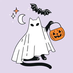 Cute vector ghost cat with Halloween candy bucket. Hand drawn creepy Halloween clipart on isolated background. Perfect for sticker, tee shirt logo, greeting card, poster or nursery print design. 