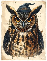 A majestic great horned owl, wearing a wizard's hat, stares intently.  Aged paper texture