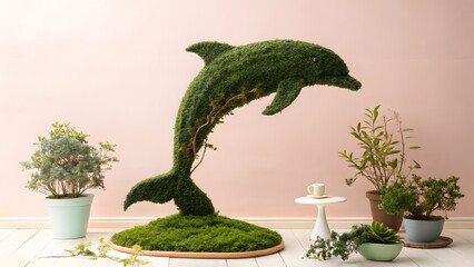 Creative green dolphin topiary sculpture surrounded by potted plants in pastel pink studio interior with natural light