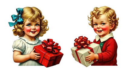 Retro-style boy and girl holding festive gift boxes with red bows, isolated on transparent background, perfect for vintage Christmas cards, stickers, scrapbooking, and holiday design. Generative AI.