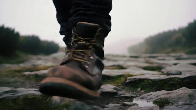 Person walking in boots up rocky trail with low angle view