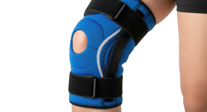Blue knee brace support for injury recovery isolated on transparent background