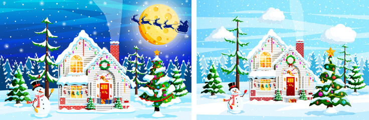 Rural house covered snow. Suburban cottage with snowman and christmas tree. Winter village scene for greeting card.