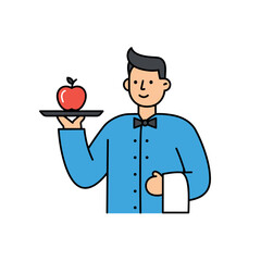 Waiter holding apple on tray ready to serve the fruit.