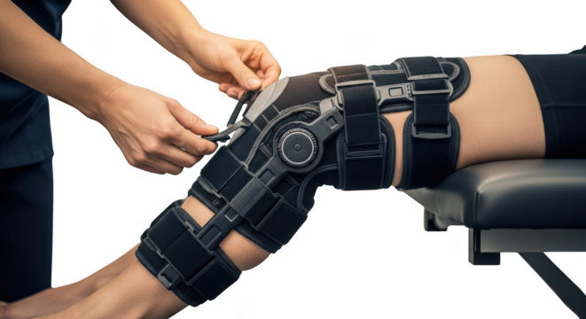 Person adjusting a medical knee brace isolated on transparent background
