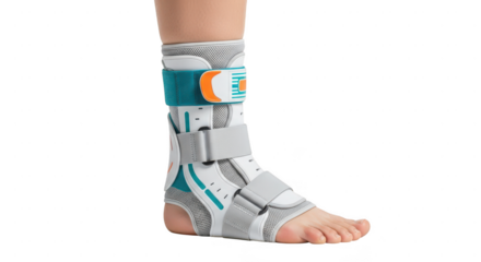 Child s leg wearing a medical ankle brace isolated on transparent background