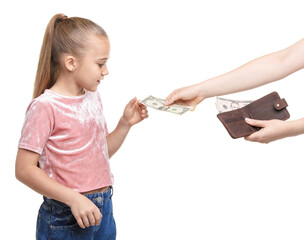 Mother giving her daughter pocket money on white background, closeup