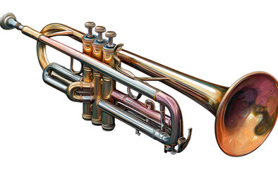 A detailed illustration of a brass instrument, depicting its complex tubing and valves, set against a dark void