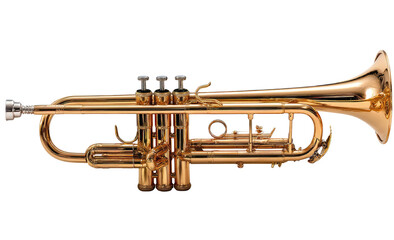 A gleaming brass instrument with valves and a bell, isolated against a black backdrop