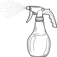 Sketch of a spray bottle with a liquid and spray emitting from the nozzle on a clean background