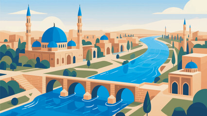Illustration Of The Tigris River With An Ancient Bridge And A Blue Domed Mosque Vector Design Template