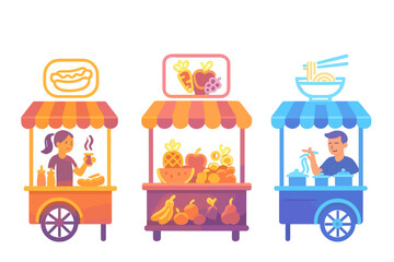 Obraz premium Colorful neon food stalls with fruits and vendors in vibrant night market