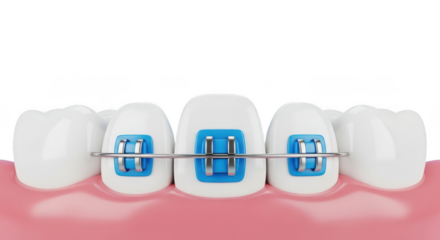 Close up of teeth with blue dental braces isolated on transparent background