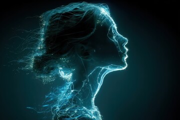 Woman made of light particles is connected to a digital network on a dark backdrop