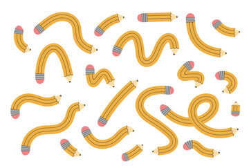 Fototapeta premium Pencils vector illustration. Twisted flexible yellow simple pencil in different shapes, doodles. Back to school, teachers day concept.