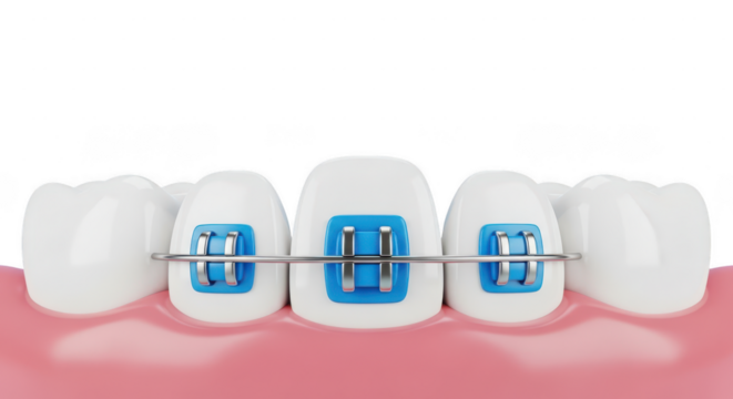 Close up of teeth with blue dental braces isolated on transparent background