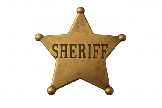 Sheriff star badge, an emblem of law enforcement and justice in the american wild west, presented on a transparent background