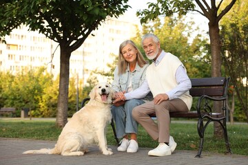 Senior couple with adorable Golden Retriever dog on bench outdoors