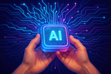 Hands Holding a Glowing AI Chip with Neon Blue and Pink Edges artificial intelligence processor