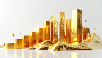 3D render of golden bar graph in abstract geometric form, symbolizing business growth and investment, isolated on white background