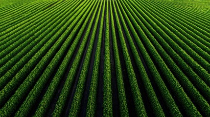 Obraz premium Rows of Vibrant Green Crops Stretching Across a Farm Landscape at Midday, Showcasing the Beauty of Agricultural Patterns and Cultivation Techniques
