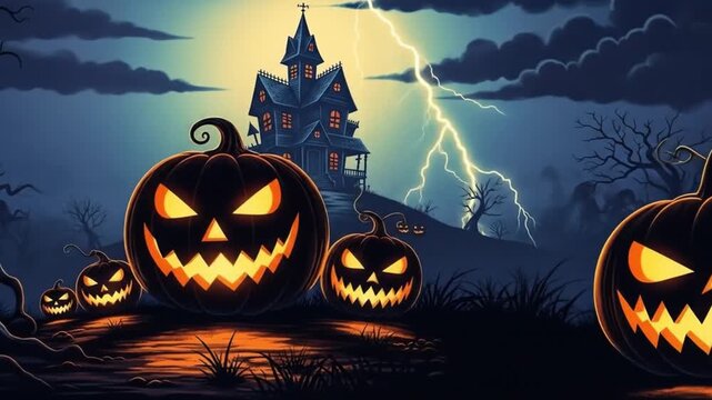 A spooky night scene with a haunted house, flying bats, and several jack-o'-lanterns lighting the path.