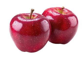 Two close-up, vibrant red apples with stems against a stark black background