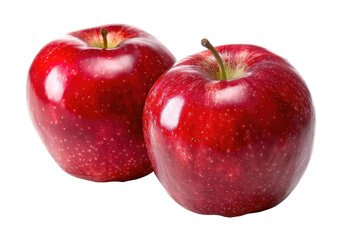 Two ripe, shiny, red apples against a dark background, showing detail of skin and stems